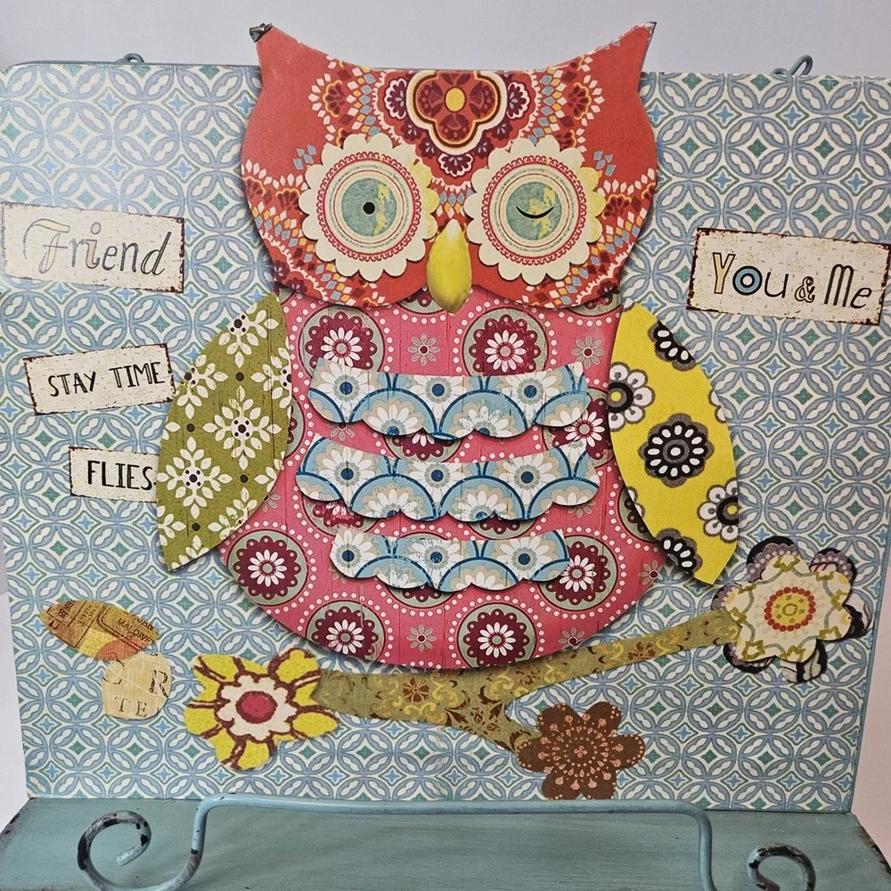 VTG Handmade Whimsical Owl Recipe Bk Weathered Metal Stand Scrollwork Feet Boho